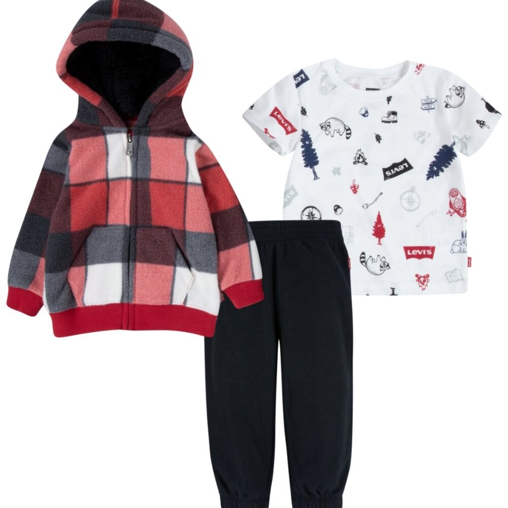 Levi's Baby Boys Plaid Full-Zip Hoodie T-shirt and Joggers 3-Piece Set Size 18M